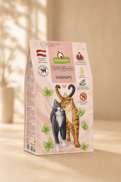 Granatapet delicatessen shrimps graanvrije droogvoeding voor volwassen katten.