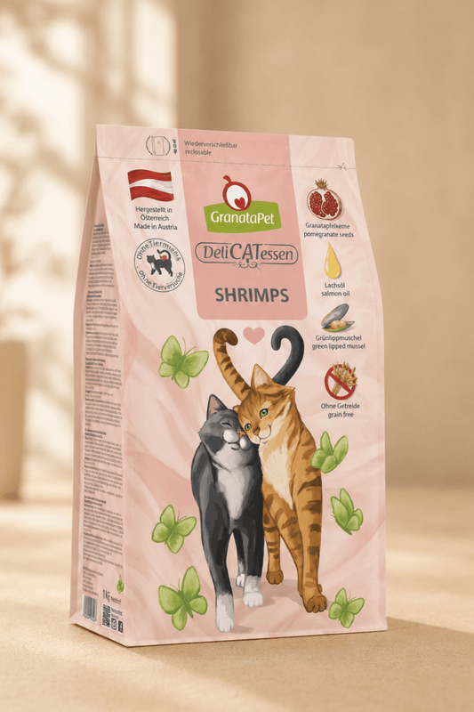 Granatapet delicatessen shrimps graanvrije droogvoeding voor volwassen katten 300g.