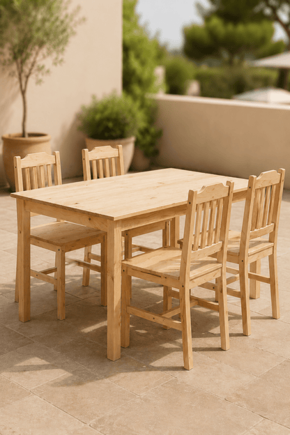 Massief grenenhouten eetgroep met rechthoekige tafel en vier stoelen in een lichte terrasopstelling met groene planten
