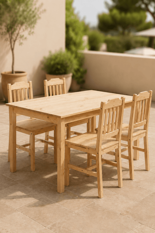 Massief grenenhouten eetgroep met rechthoekige tafel en vier stoelen in een lichte terrasopstelling met groene planten
