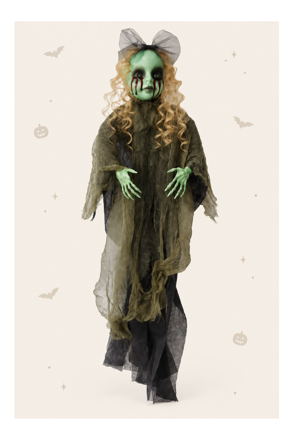 Griezelig halloween meisje met zwarte grote strik in haar haren en blonde lokken in groen kunststof 