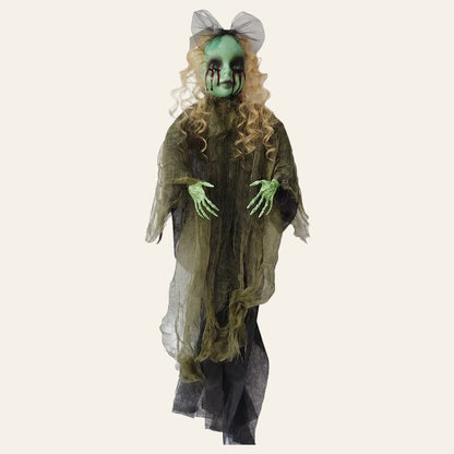 Griezelig halloween meisje met blonde lokken met een zwarte strik erin het figuur is van  groen kunststof a