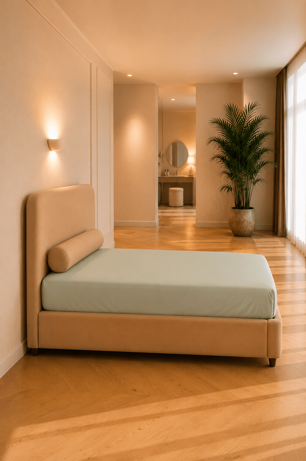 Grijsgroen kinderhoeslaken van TENCEL Lyocell strak aangebracht rond een matras in een rustige kinderkamer