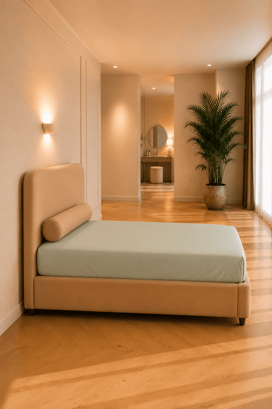 Grijsgroen kinderhoeslaken van TENCEL Lyocell strak aangebracht rond een matras in een rustige kinderkamer