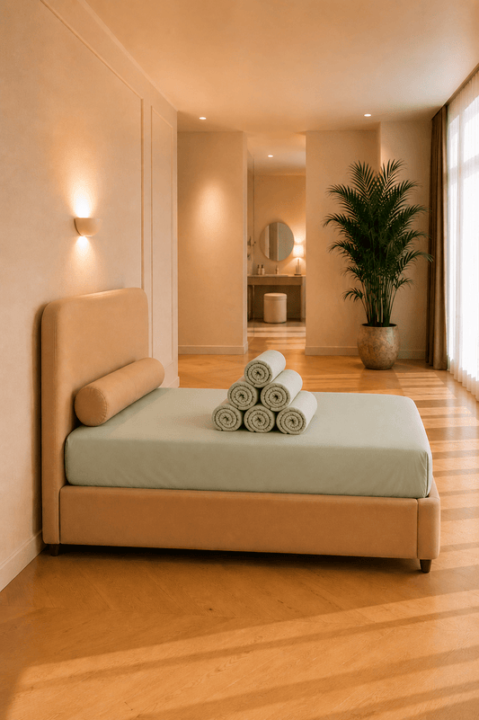 Grijsgroen TENCEL Lyocell kinderhoeslaken op een bed, gecombineerd met een zacht decoratief kussen