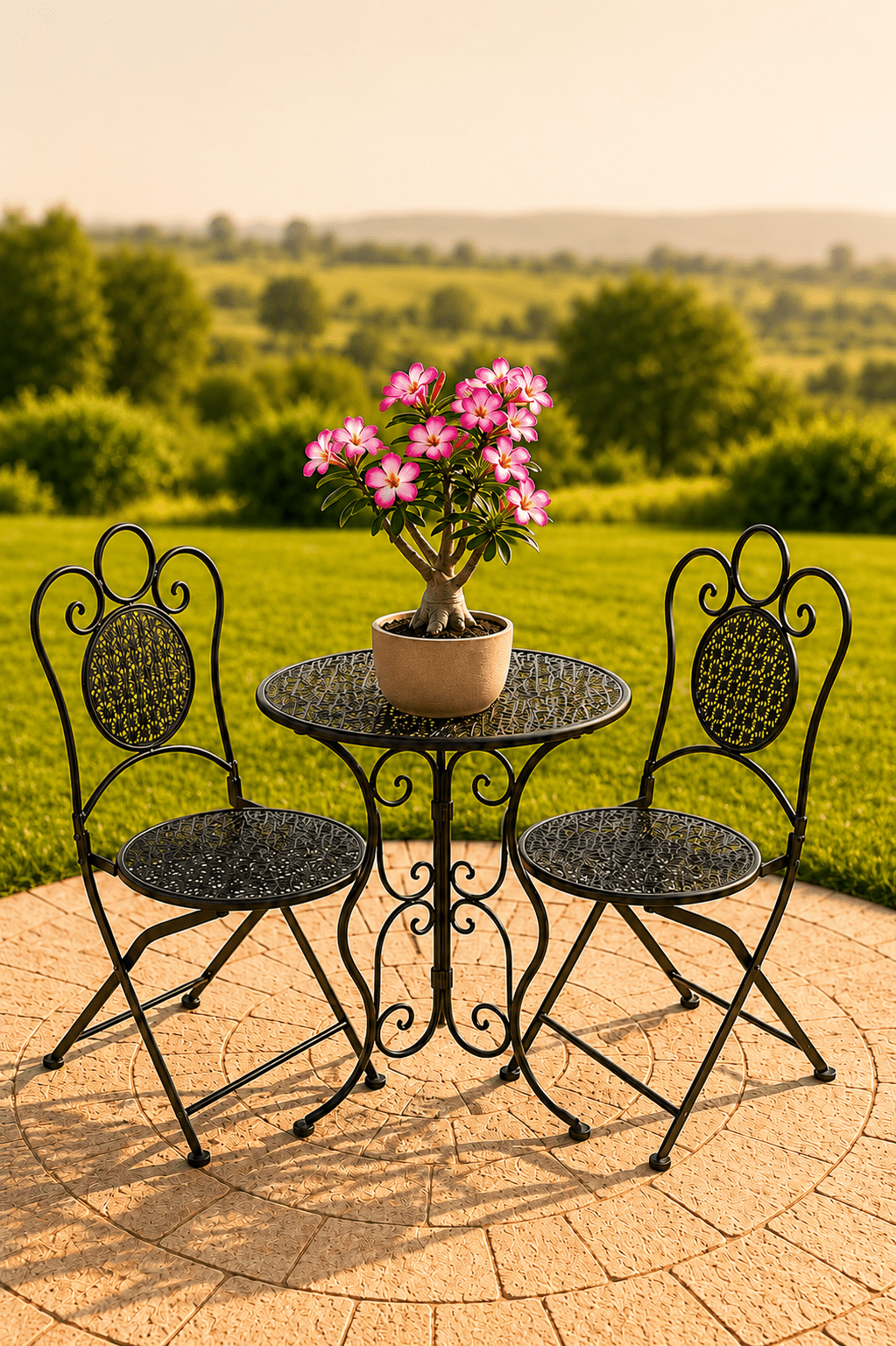Grijze metalen tuinbistroset met ronde tafel twee hartvormige sierstoelen en roze bloemen op een terras met uitzicht over een groene tuin
