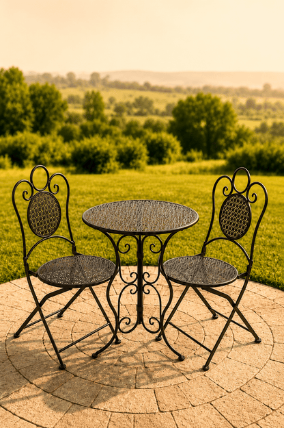 Grijze metalen tuinbistroset met ronde opengewerkte tafel en twee sierstoelen op een terras met uitzicht over een groen landschap
