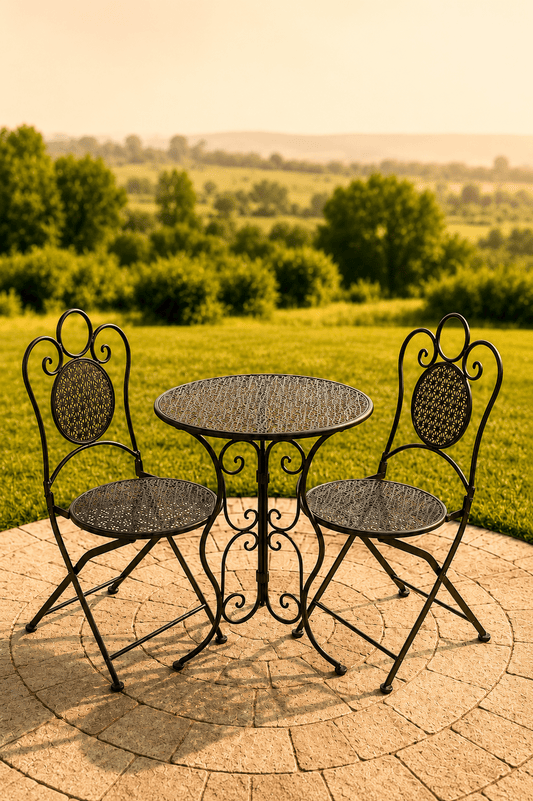 Grijze metalen tuinbistroset met ronde opengewerkte tafel en twee sierstoelen op een terras met uitzicht over een groen landschap
