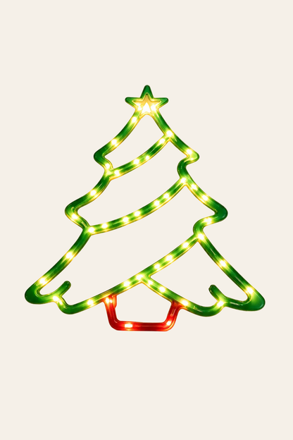 Groene LED kerstboom met ster, rode voet en brandende warm witte lampjes als sfeervolle kerstdecoratie