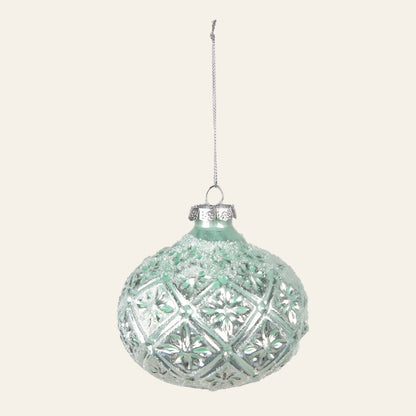 Groene glazen kerstballen set van 2 Ø 10 cm met sneeuwmotief als productfoto