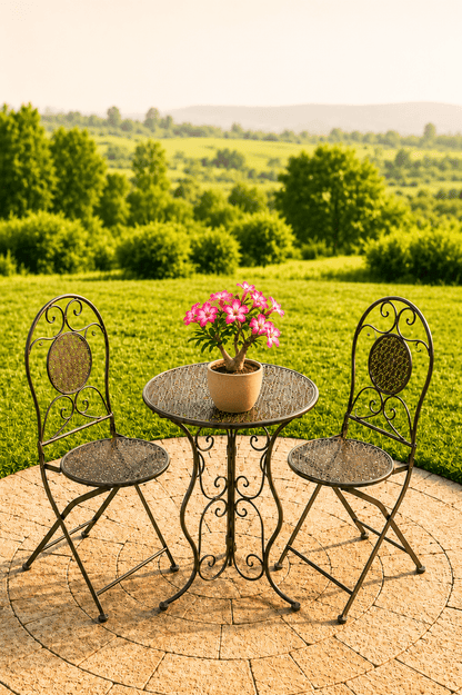 Groene klassieke metalen tuinbistroset met ronde tafel twee hartvormige sierstoelen en roze bloemen op een terras met groen uitzicht
