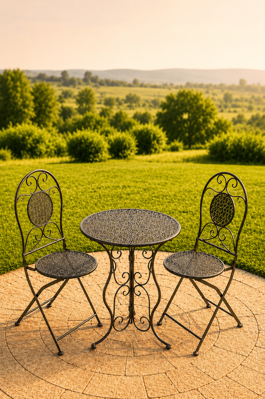 Groene klassieke metalen tuinbistroset met ronde opengewerkte tafel en twee sierstoelen op een terras met uitzicht over een groen landschap

