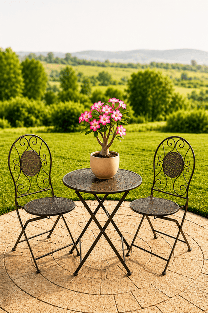 Groene metalen tuinbistroset met ronde tafel twee hartvormige sierstoelen en roze bloemen op een terras met uitzicht over een groene tuin
