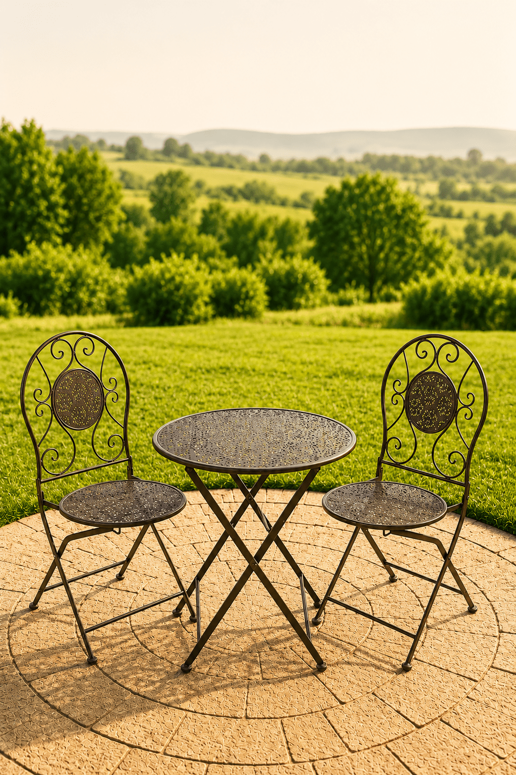 Groene metalen tuinbistroset met ronde opengewerkte tafel en twee sierstoelen op een terras met uitzicht over een groen landschap

