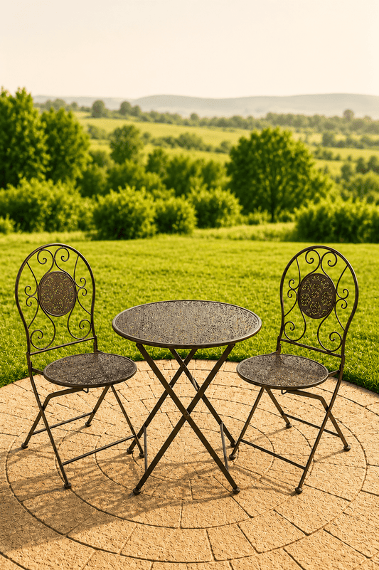 Groene metalen tuinbistroset met ronde opengewerkte tafel en twee sierstoelen op een terras met uitzicht over een groen landschap

