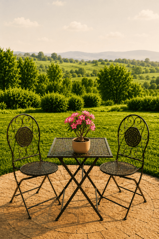 Groene metalen tuinbistroset met vierkante tafel twee hartvormige sierstoelen en roze bloemen op een terras met groen uitzicht
