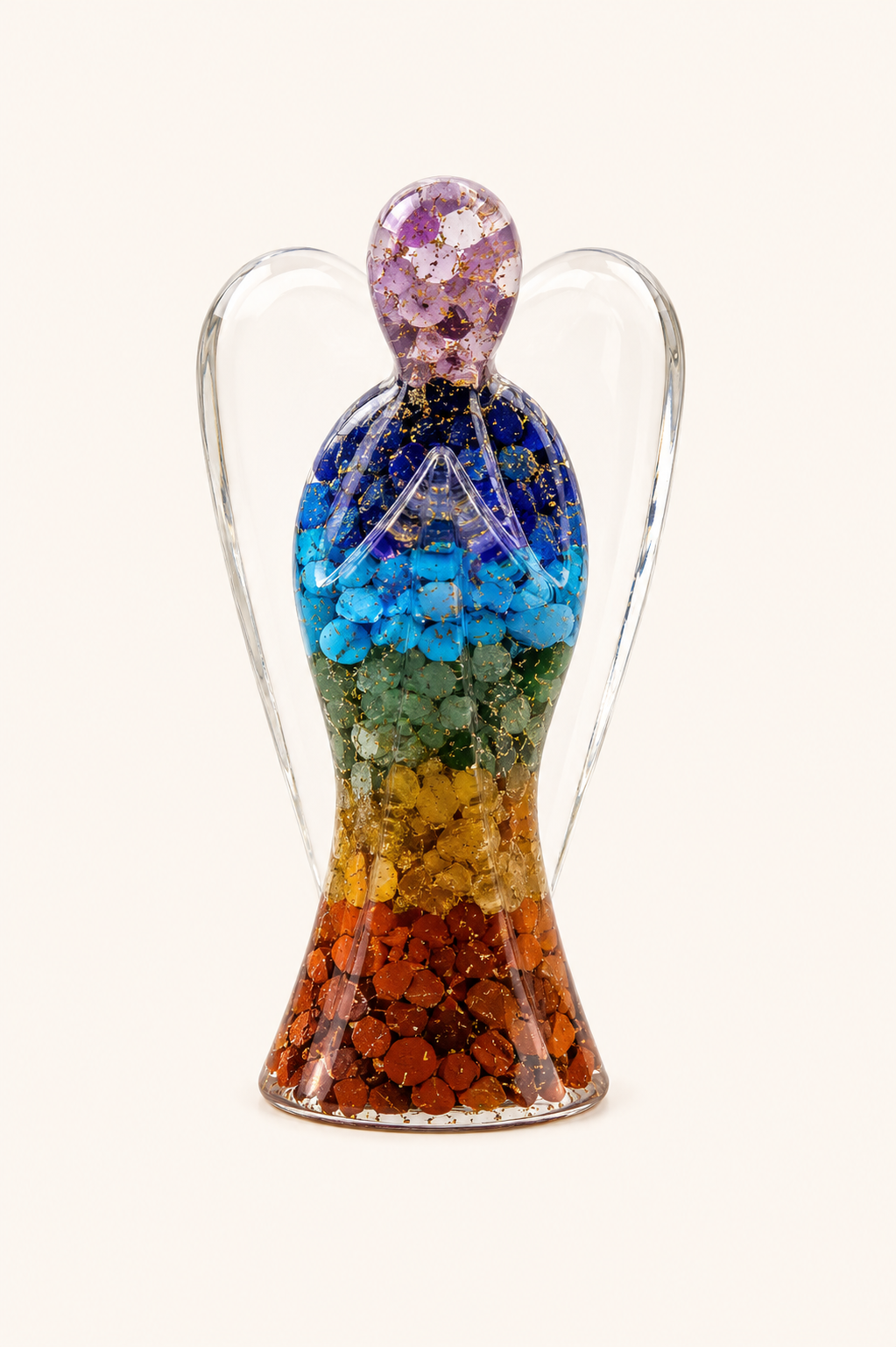 Groot orgonite engelenbeeld met zeven gekleurde chakra edelsteenlagen van 20cm