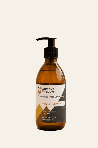  Hand en douchegel met mango en limoen in een bruine transparante fles met zwarte handpomp als productfoto