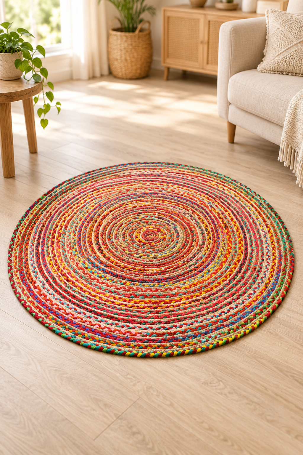Kleurrijk handgemaakt rond vloerkleed van jute en gerecycleerd katoen, volledig zichtbaar in een lichte beige woonkamer met zacht geblurde achtergrond.
