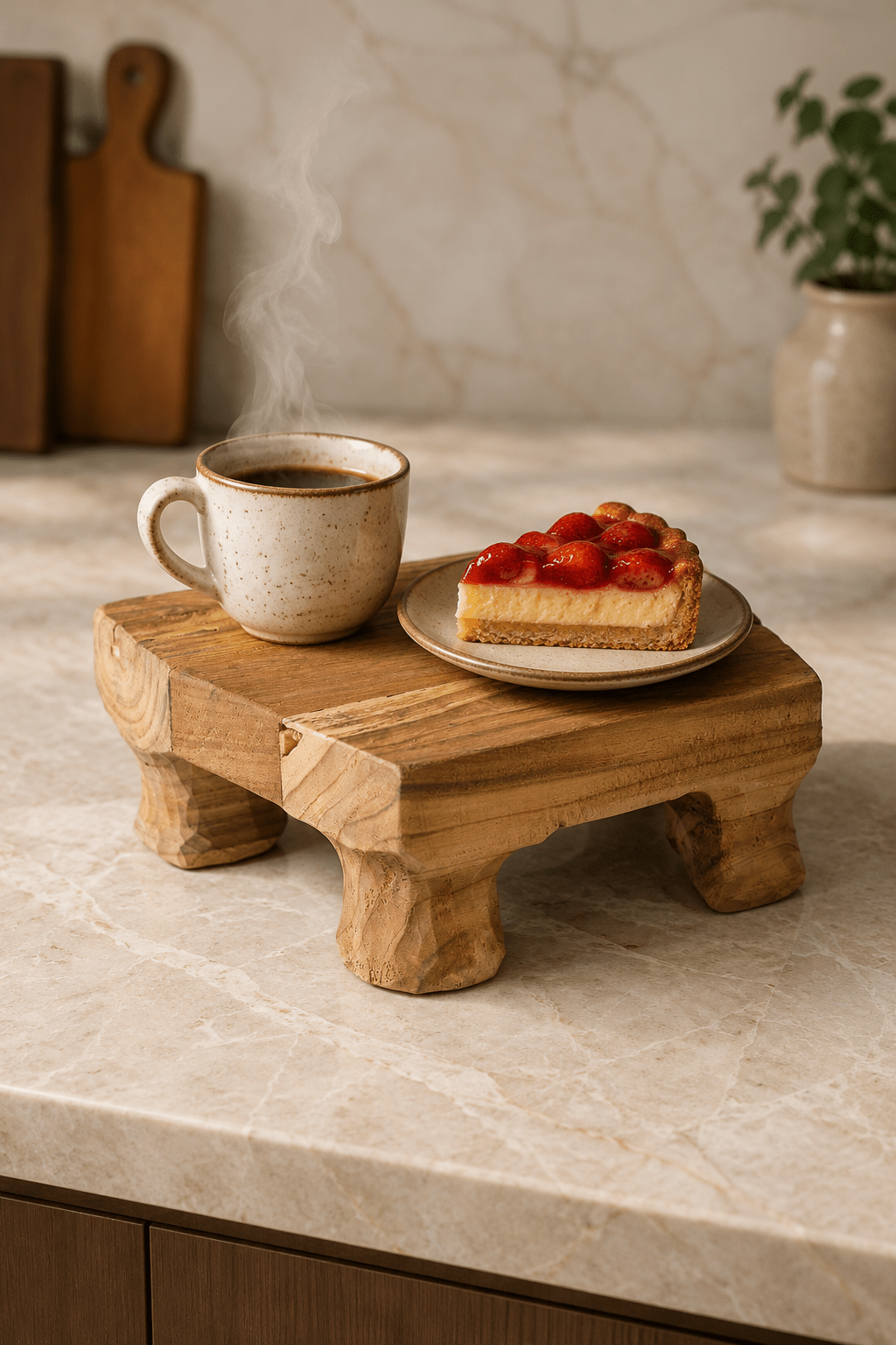 Teakhouten massief dienblad op pootjes op marmere keukenblad met kopje koffie en taart