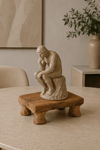 Handgemaakt teakhouten massief dienblad op pootjes op huiskamer tafel met sculptuur 30x20x10cm