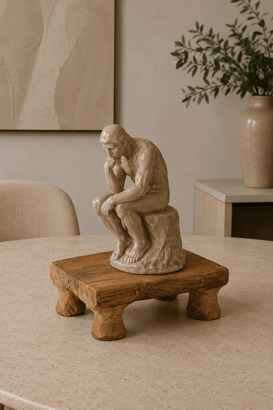 Handgemaakt teakhouten massief dienblad op pootjes op huiskamer tafel met sculptuur 30x20x10cm