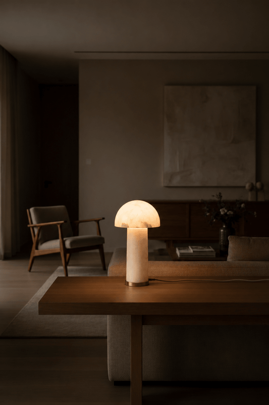 Handgemaakte Italiaanse albast tafellamp in natuursteen oplichtend op een tafel in de woonkamer
