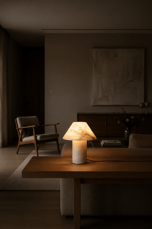 Handgemaakte Italiaanse albast tafellamp in natuursteen "Eleonora" oplichtend in een donkere gezellige woonkamer