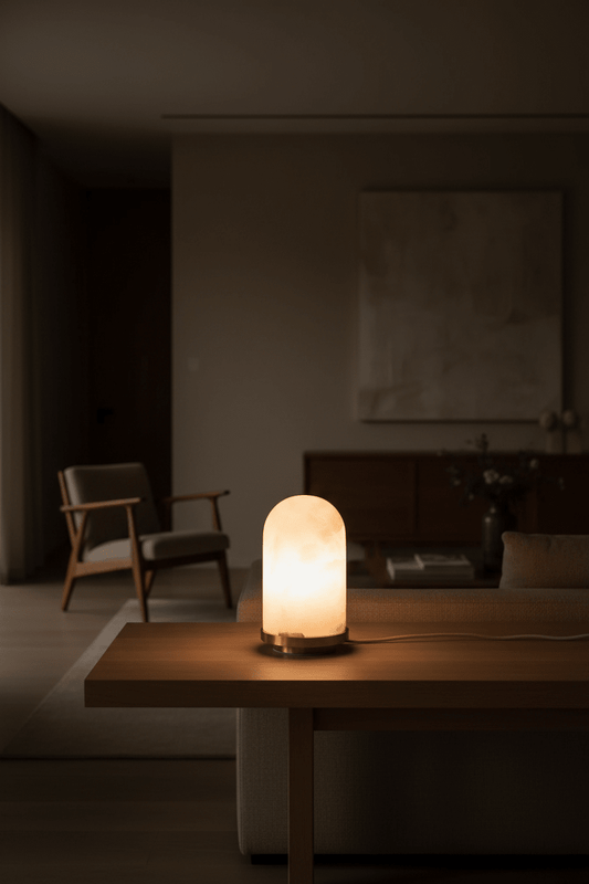 Handgemaakte Italiaanse albast tafellamp in natuursteen "Mateo" oplichtend n een gezellige huiskamer