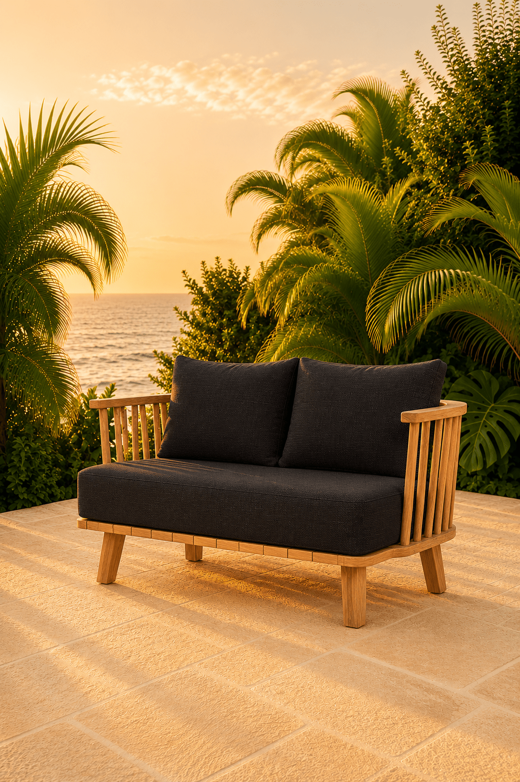 Handgemaakte Malawi tweezitsbank van teakhout voor binnen en buiten op een lichtbeige terras met palmbomen en de oceaan als achtergrond