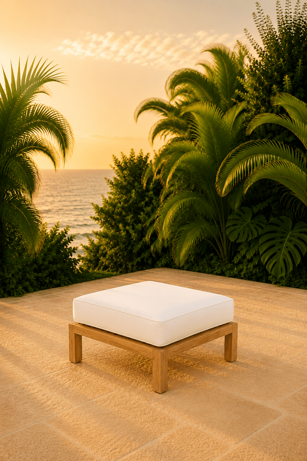 Handgemaakte Moyo modulaire poef van teakhout met wit kussen op een beige terras met palmbomen en de oeaan op de achtergrond