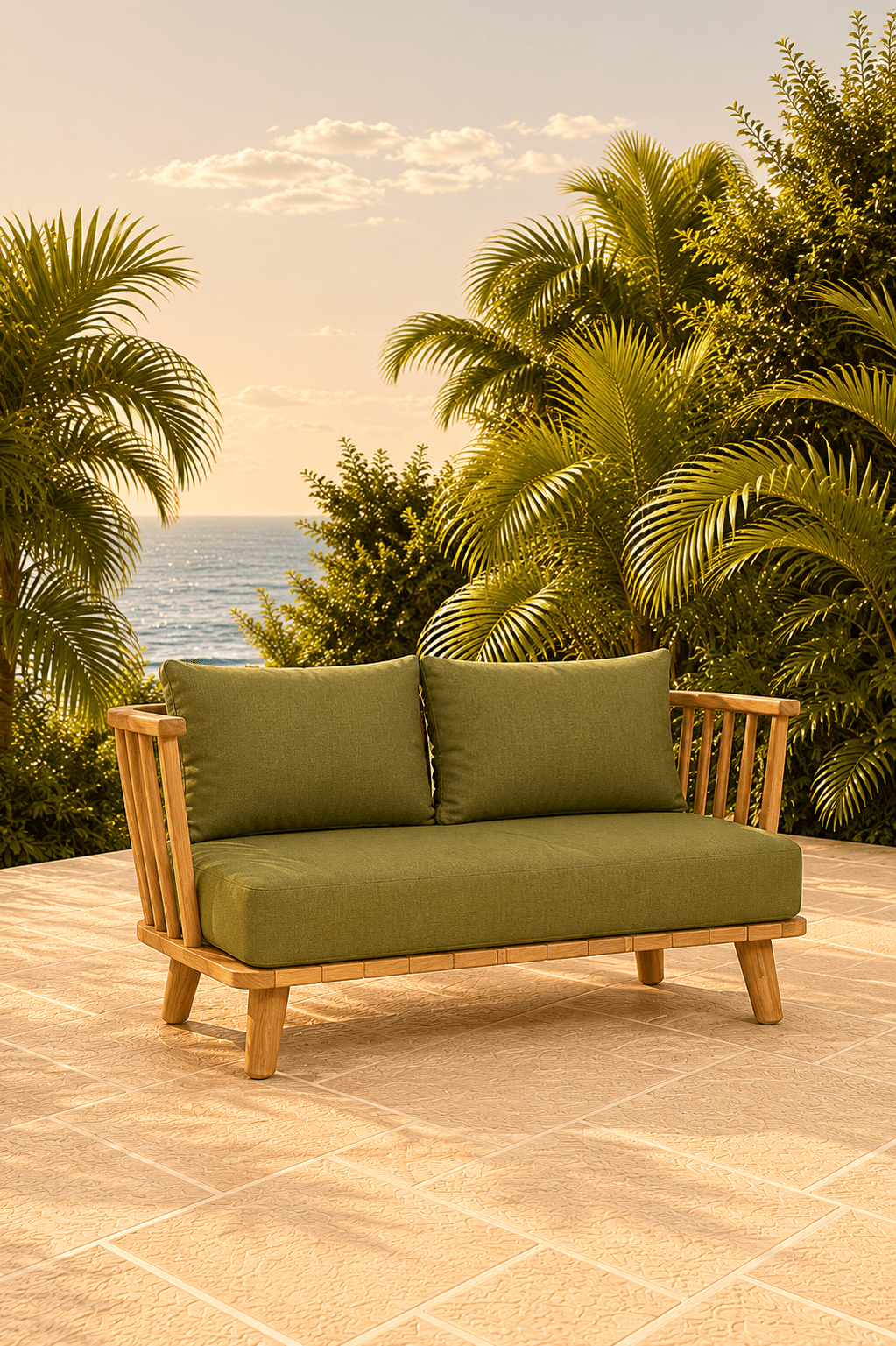 Handgemaakte groene Malawi tweezitsbank van teakhout voor binnen en buiten op een beige terras met palmbomen en de oceaan op de achtergrond