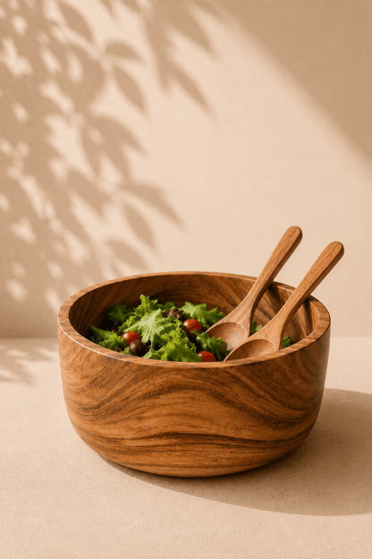 Handgemaakte saladekom van suarhout op een beige gebladerde achtergrond