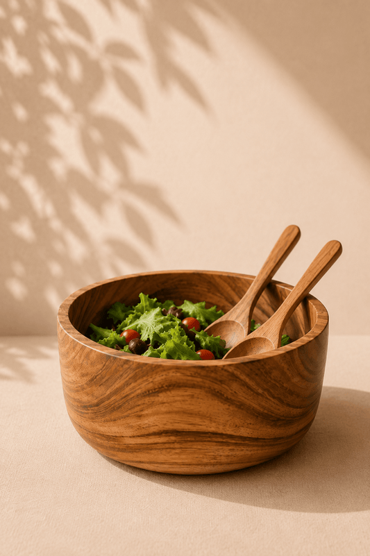 Handgemaakte saladekom van suarhout op een beige gebladerde achtergrond