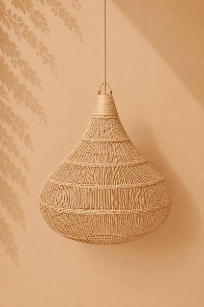 Handgevlochten rotan hanglamp in druppelvorm op gebladerde beige achtergrond