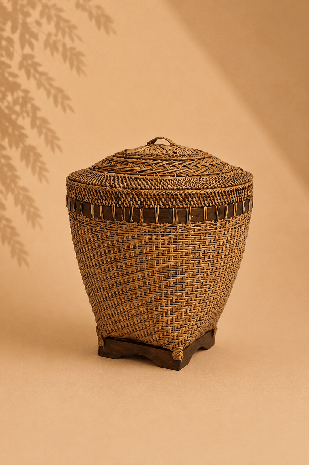 Handgevlochten rotan opbergmand met deksel op een gebladerde beige achtergrond