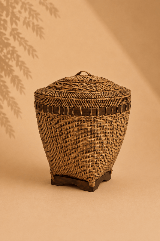 Handgevlochten rotan opbergmand met deksel op een gebladerde beige achtergrond