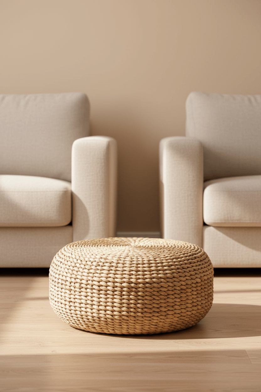 Ronde poef in naturel waterhyacint geplaatst voor 2 sofa's