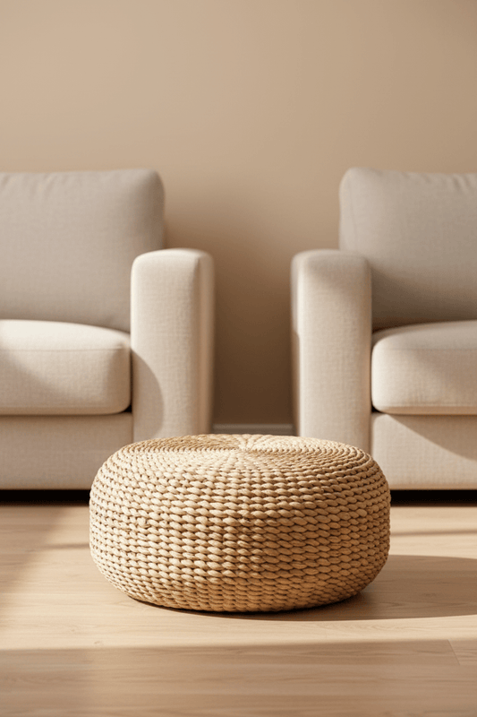 Ronde poef in naturel waterhyacint geplaatst voor 2 sofa's