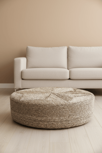 Enorme ronde zeegras poef die voor een sofa staat