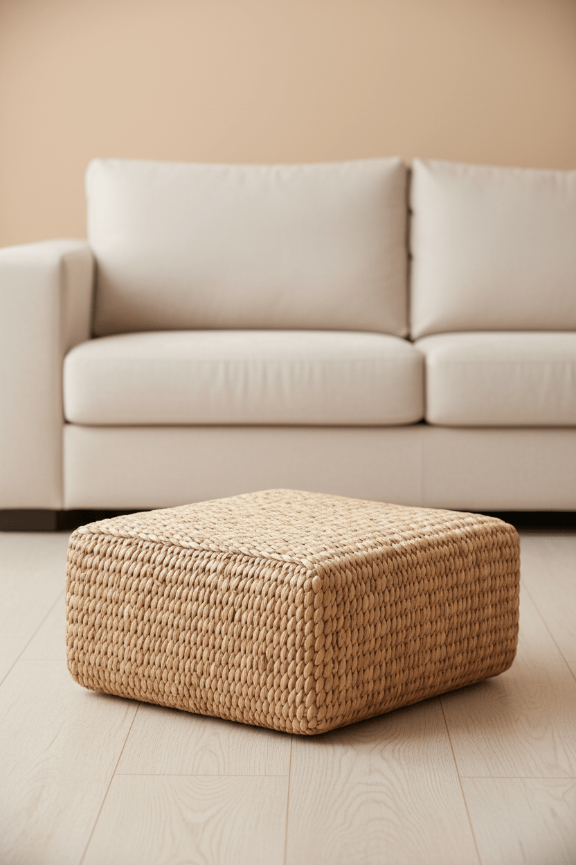Vierkante poef in naturel waterhyacint in een woonkamer voor de sofa staande