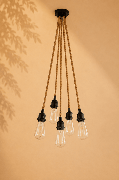 Hanglamp met vijf snoeren in zwart en naturel op een beige gebladerde achtergrond