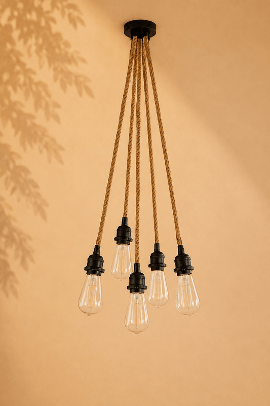 Hanglamp met vijf snoeren in zwart en naturel op een beige gebladerde achtergrond
