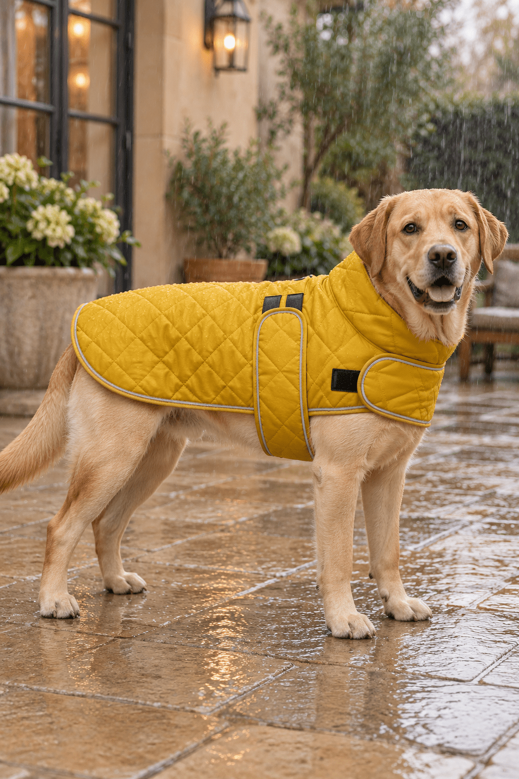 Grote hond in mosterdgele Happy Pet hondenjas op beige koer in de regen met warme fleecevoering en waterdichte buitenlaag