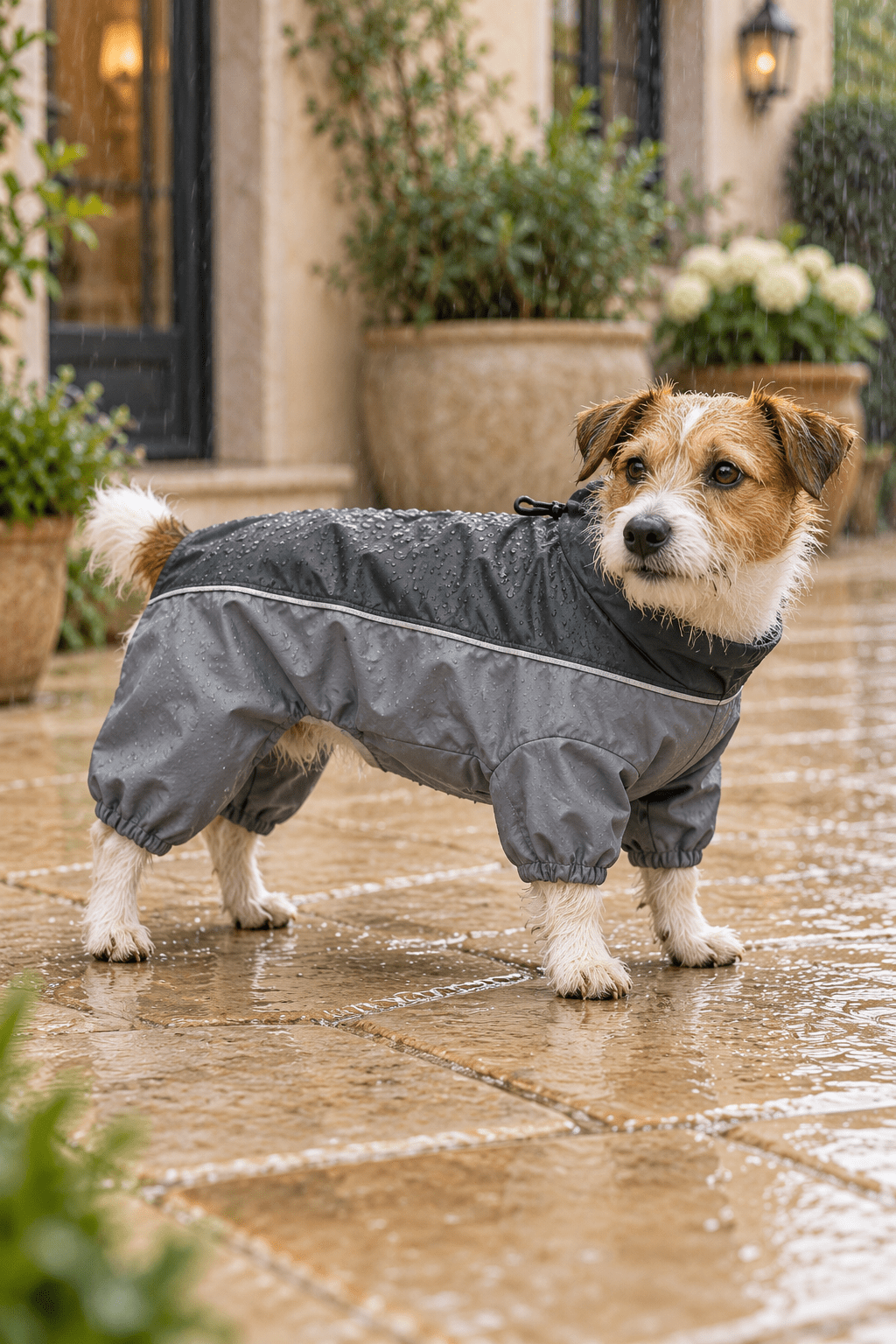Kleine hond draagt een grijze regenjas op een beige koer in de regen, ideaal voor natte wandelingen en bescherming tegen modder.