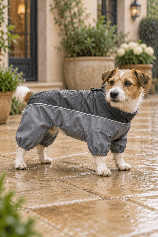 Kleine hond draagt een grijze regenjas op een beige koer in de regen, ideaal voor natte wandelingen en bescherming tegen modder.