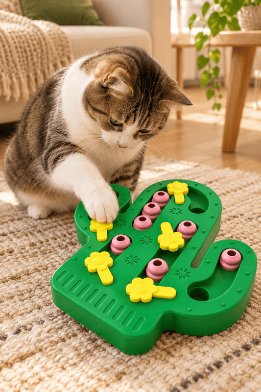 Happy Pet Tabby Patch groene cactus intelligentiepuzzel voor katten 34x29x4 cm als onderdeel van een exclusieve voordeelbundel