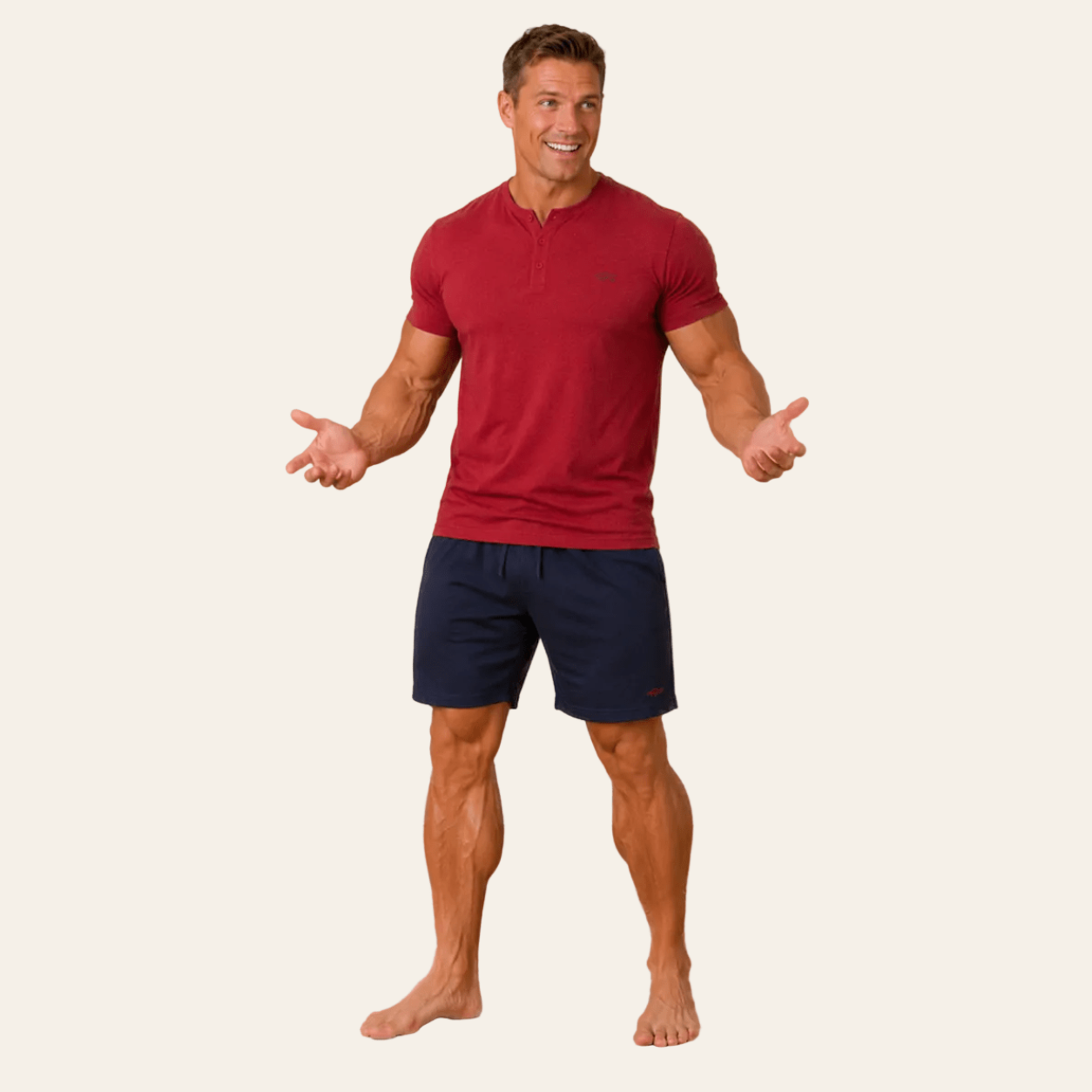 Henderson herenshortama in roodkleurige top met marineblauwkleurige short, vooraanzicht