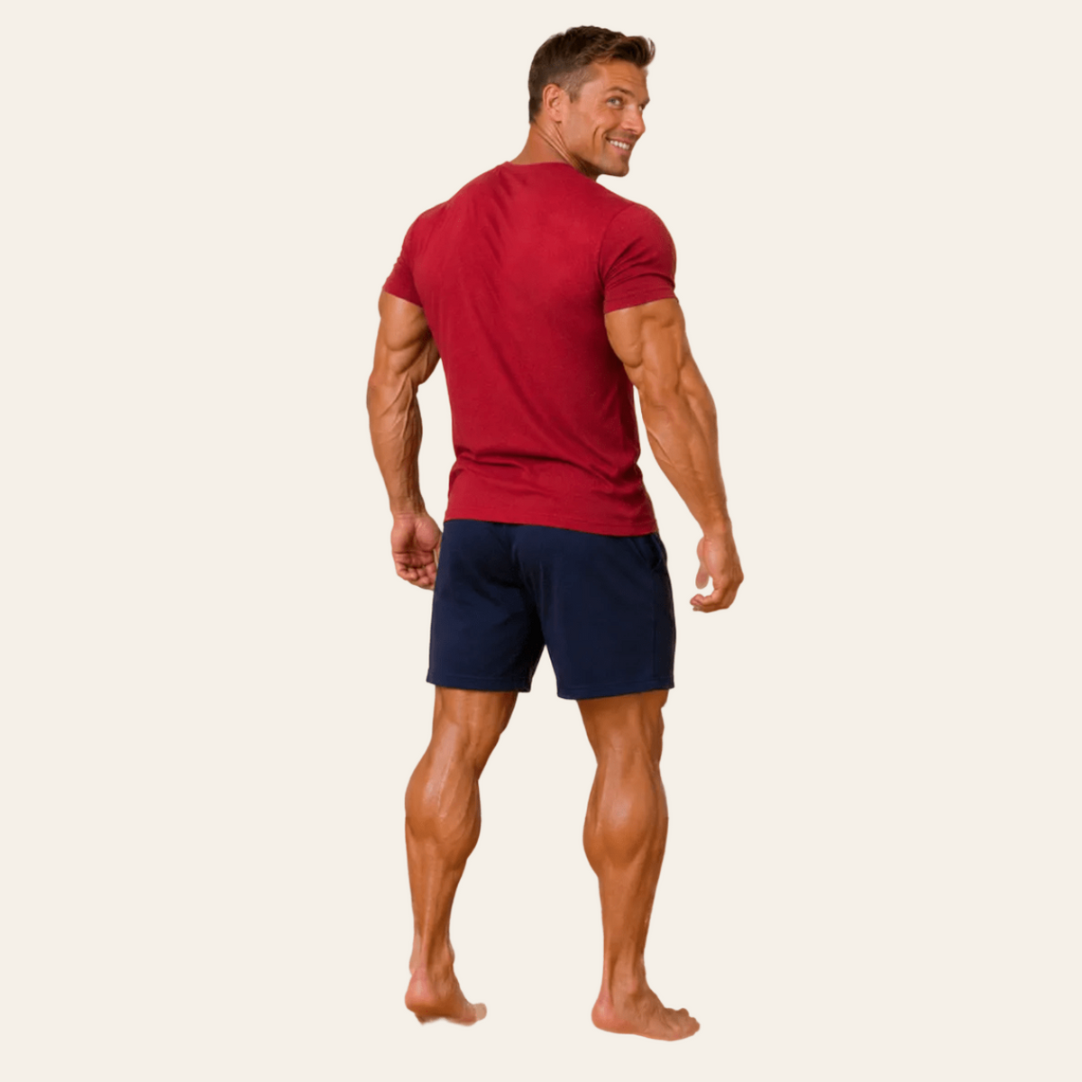 Henderson herenshortama in roodkleurige top met marineblauwkleurige short, achteraanzicht