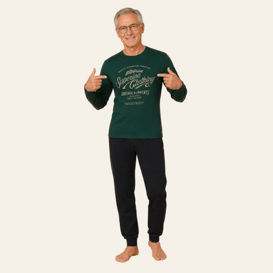 Henderson lange herenpyjamaset in groenkleurige top met zwartkleurige broek, vooraanzicht